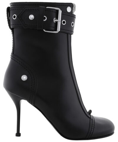 Alexander McQueen Black Buckle-Detail Heeled Ankle Boots